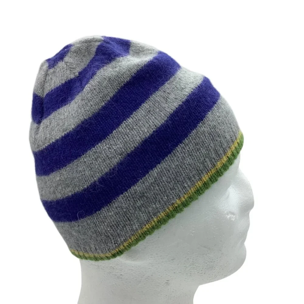 Child Striped Gray & Purple Lambswool Blend Knit‎ Beanie Hat